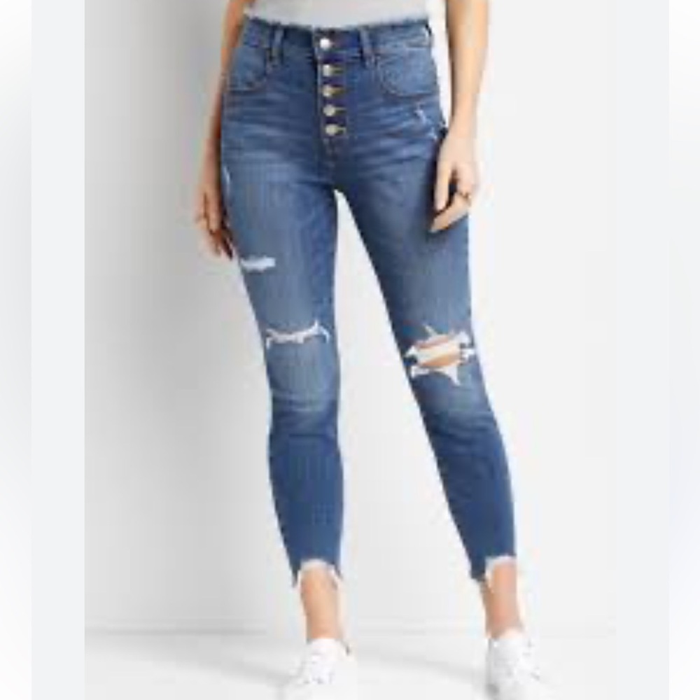 Maurices Blue Stretch High Rise Ripped Frayed Skinny Leg Jeans Size Small
